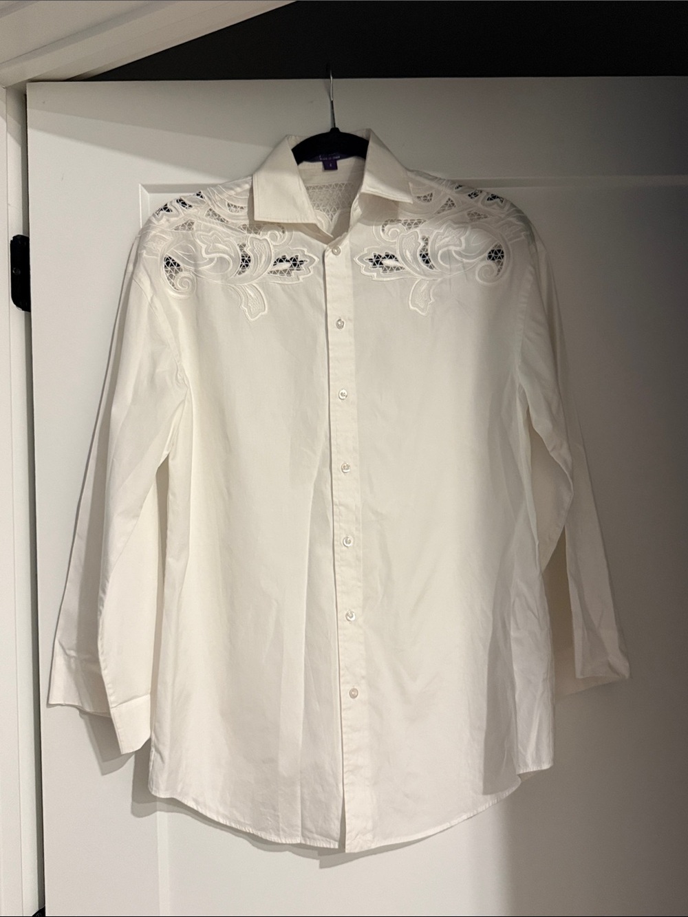 RALPH LAUREN PURPLE LABEL WHITE POPLIN EYELET SHIRT, SIZE 2